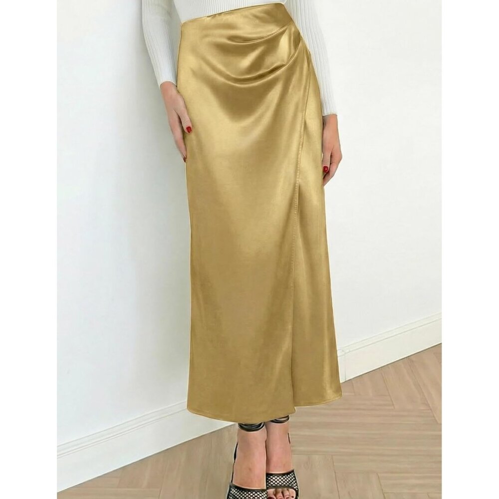 Women's Gold Satin Wrap High Waisted Flowy Spring Summer Ruched Long Maxi Skirt - Picture 2 of 6
